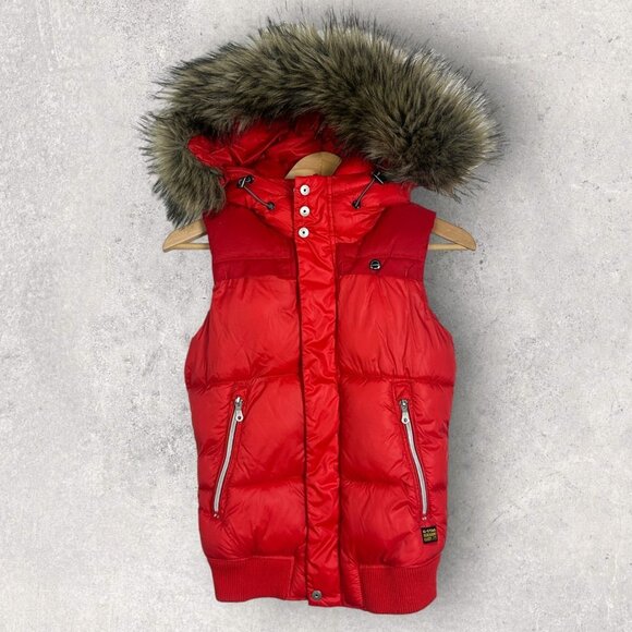 G-Star Whistler Puffer Vest Red Size XS Full Zipper Fur Trim Removable Hood Coat - Picture 5 of 15